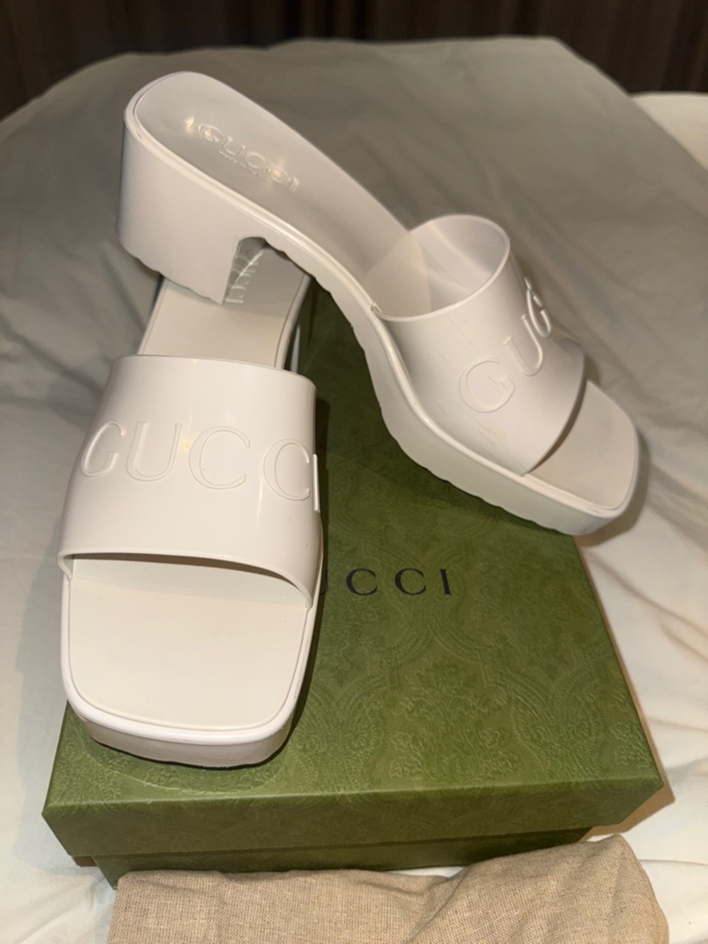 Gucci White Platform Slide Mules with Embossed Logo